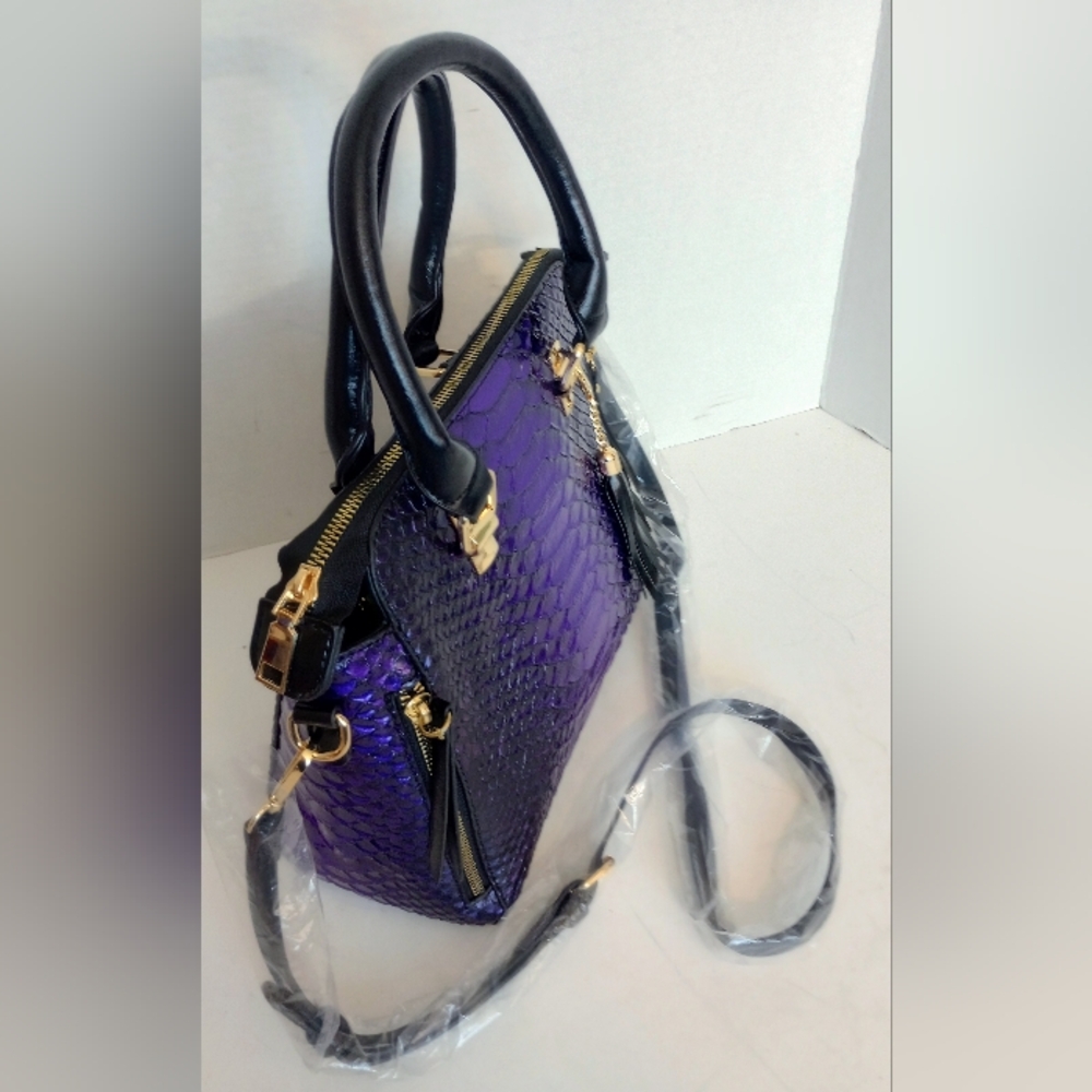Purple Snake-Embossed Satchel Handbag - Unbranded - Picture 3 of 6